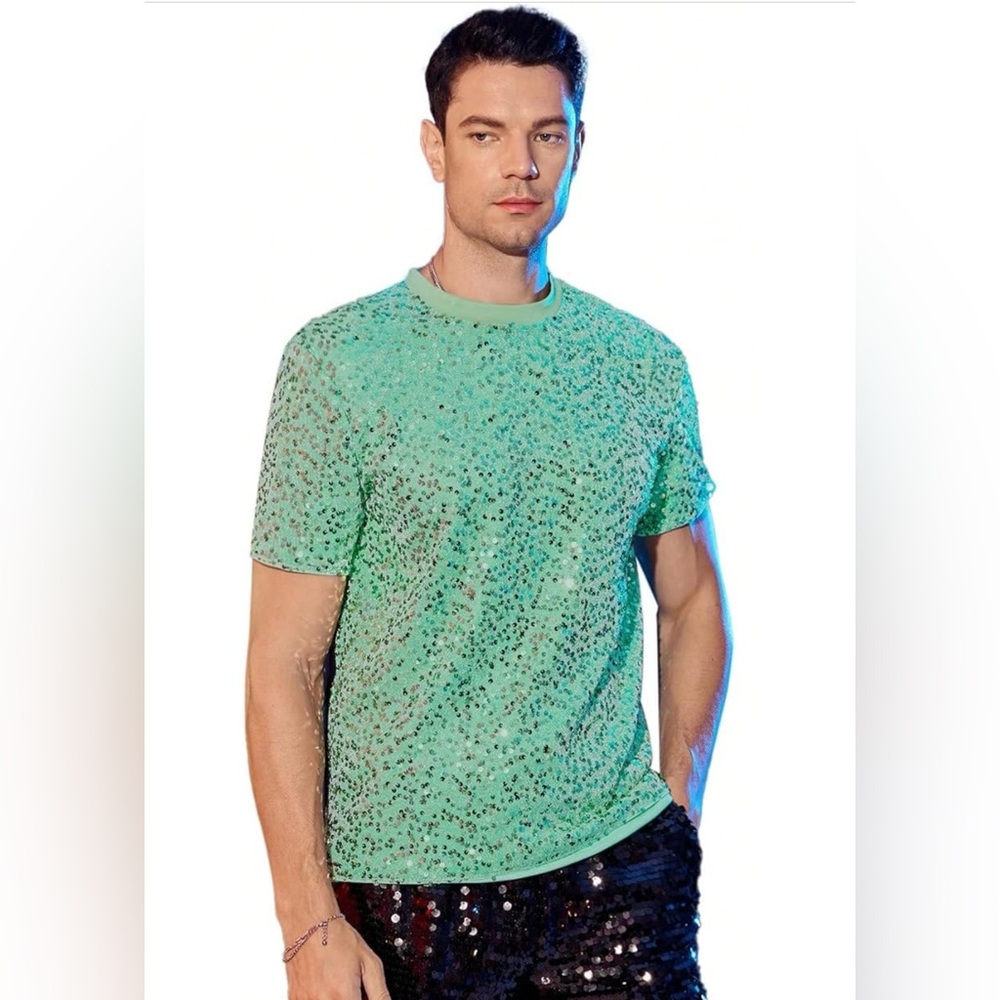 WDIRARA men’s seafoam green metallic sequin short sleeve shirt rave party disco